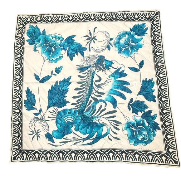 Dragon and Floral Scarf Perry Ellis Vintage White and Blue Square Cotton Print - Picture 1 of 6
